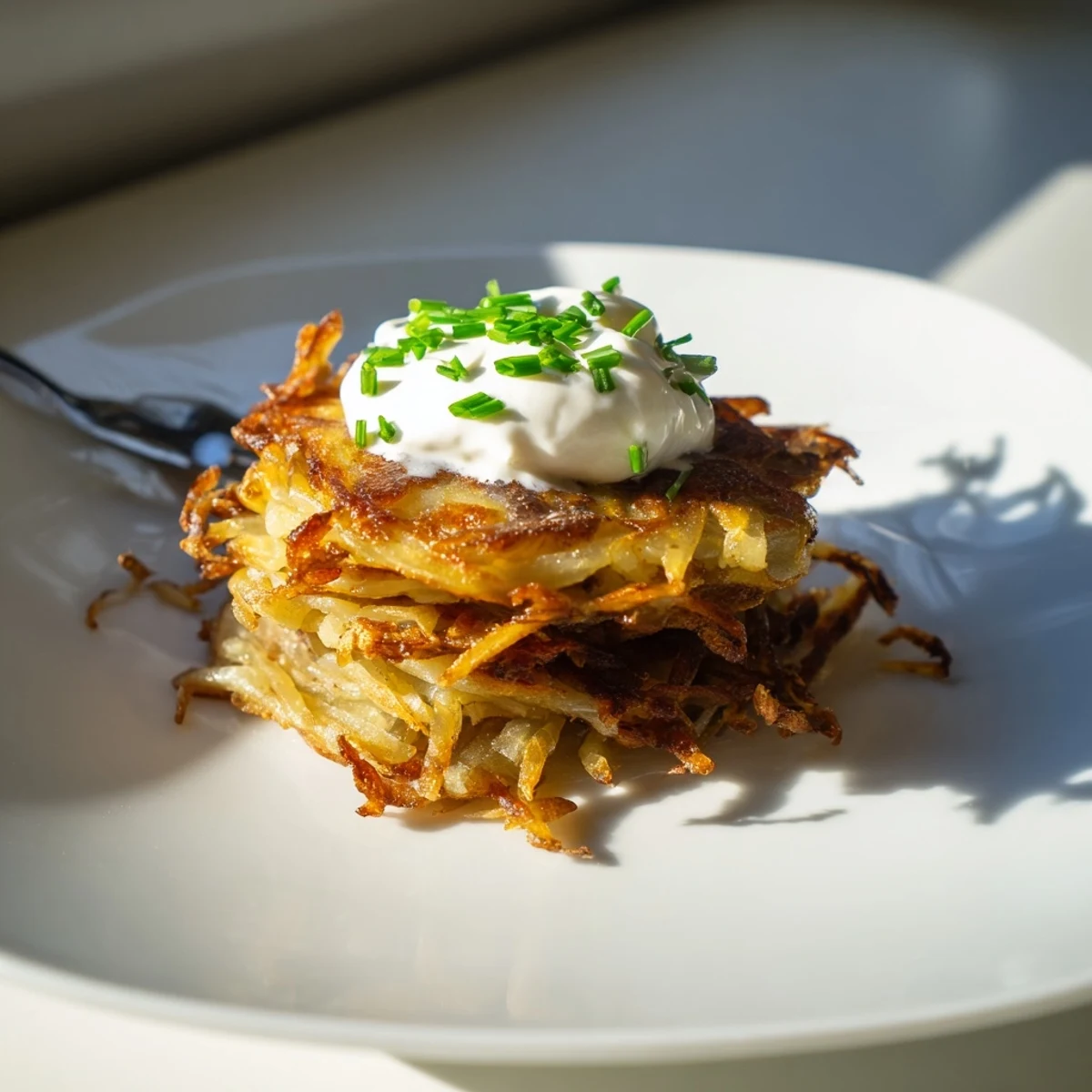 Crispy potato pancakes topped with sour cream and fresh chives for flavor.  