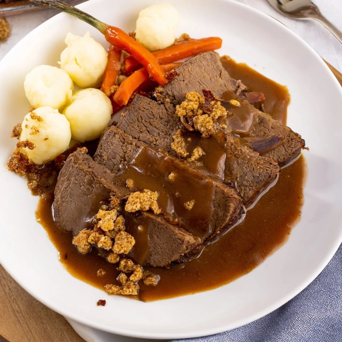 Saftiger Sauerbraten, perfekt mariniert und mit aromatischer Gravy serviert.  