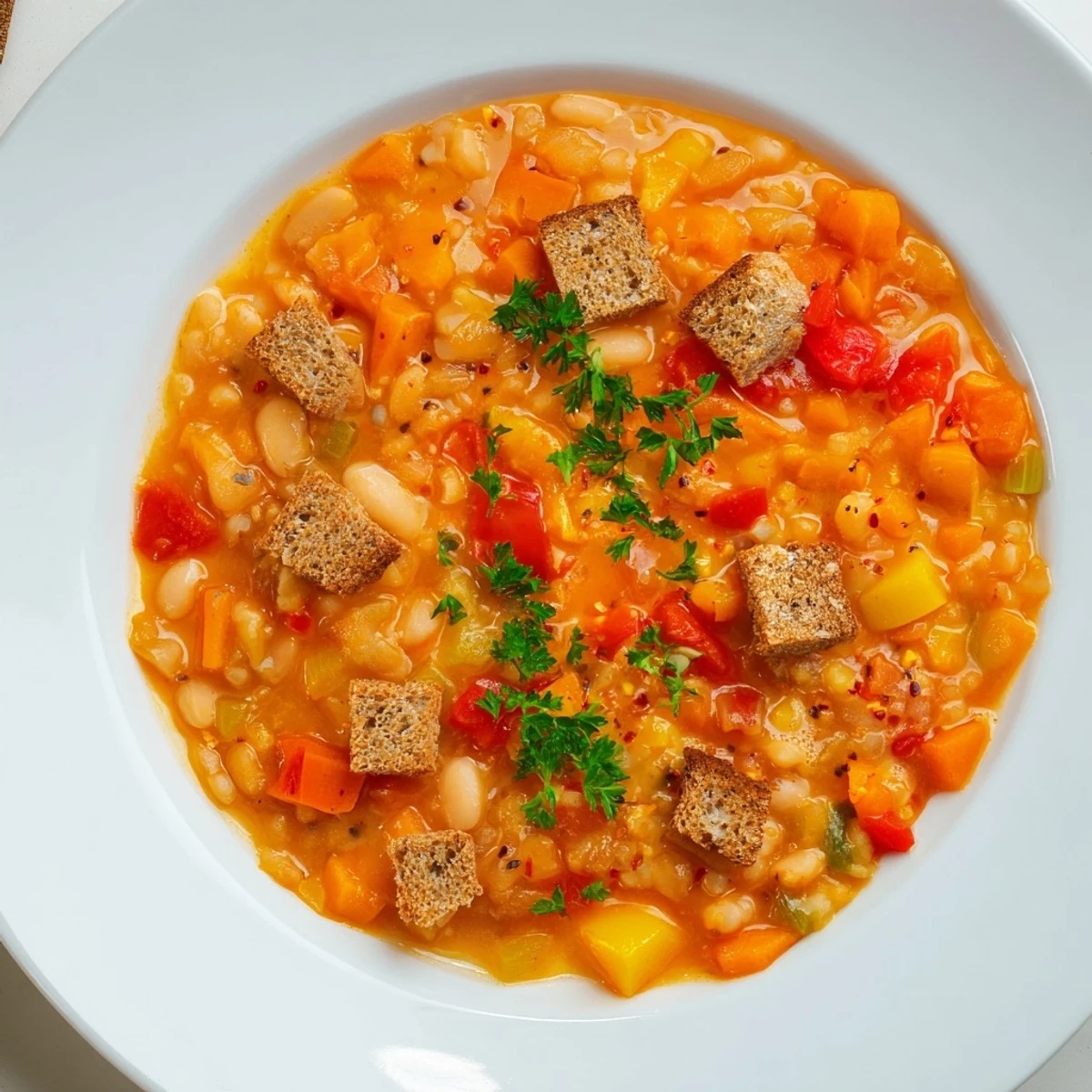 Close-up of the Rustic German Bean & Tomato Stew, featuring golden, crisp rye croutons atop.