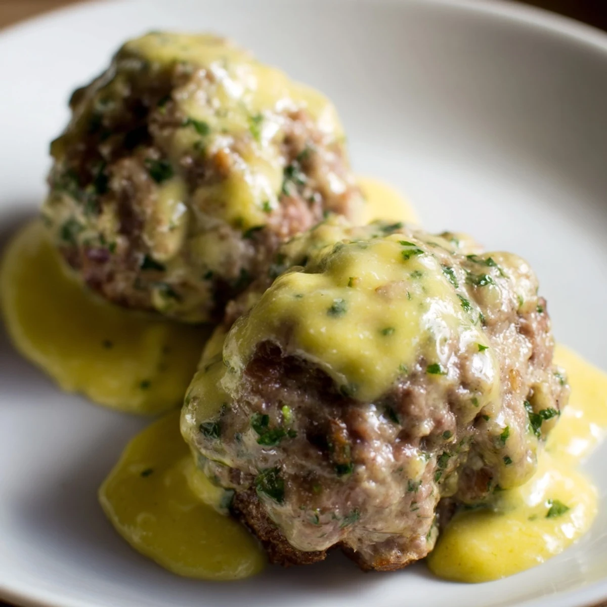 Golden-brown oven-baked German meatballs, swimming in rich, creamy mustard sauce, ready to serve.