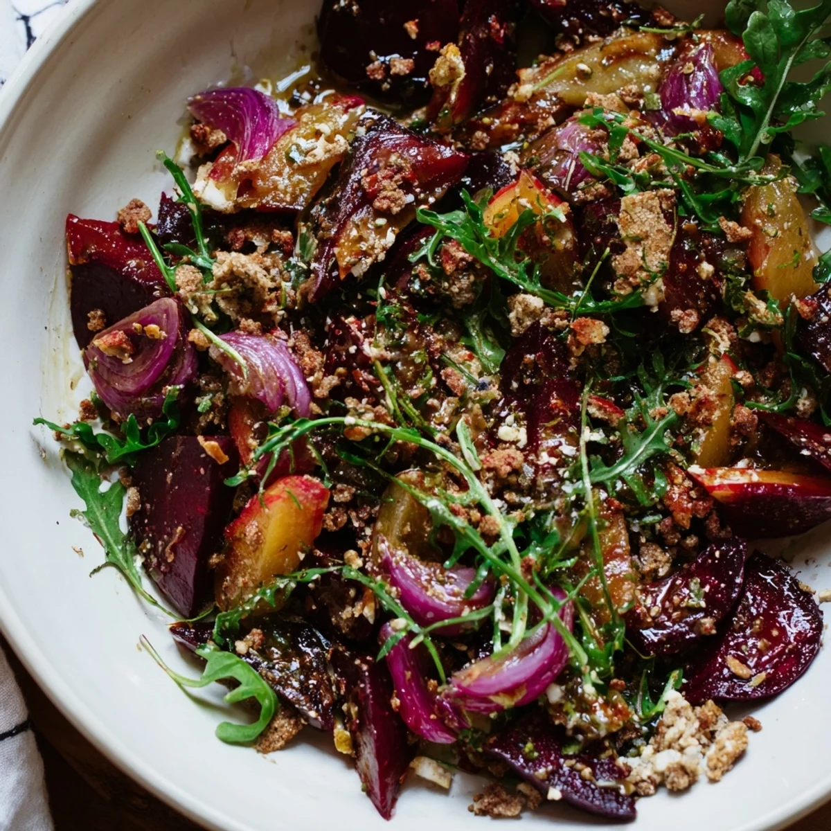 Warm beets and fresh salad combined with toasted rye breadcrumbs create delicious salad.