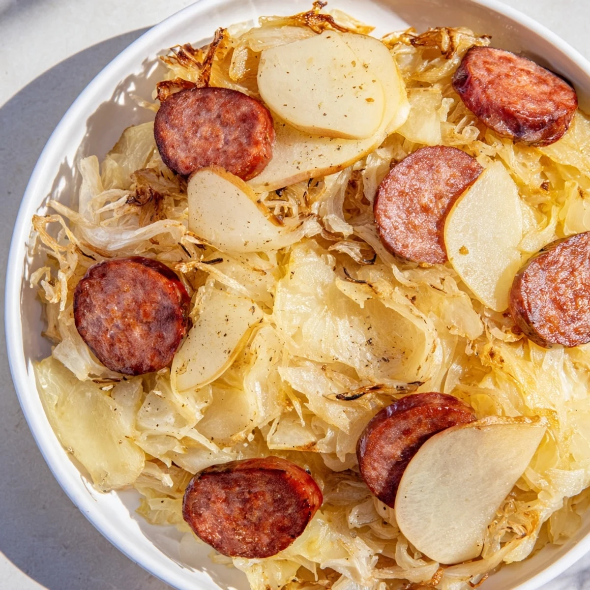 A creamy, bubbling Sauerkraut Casserole with maple-glazed apples, a delicious main course.
