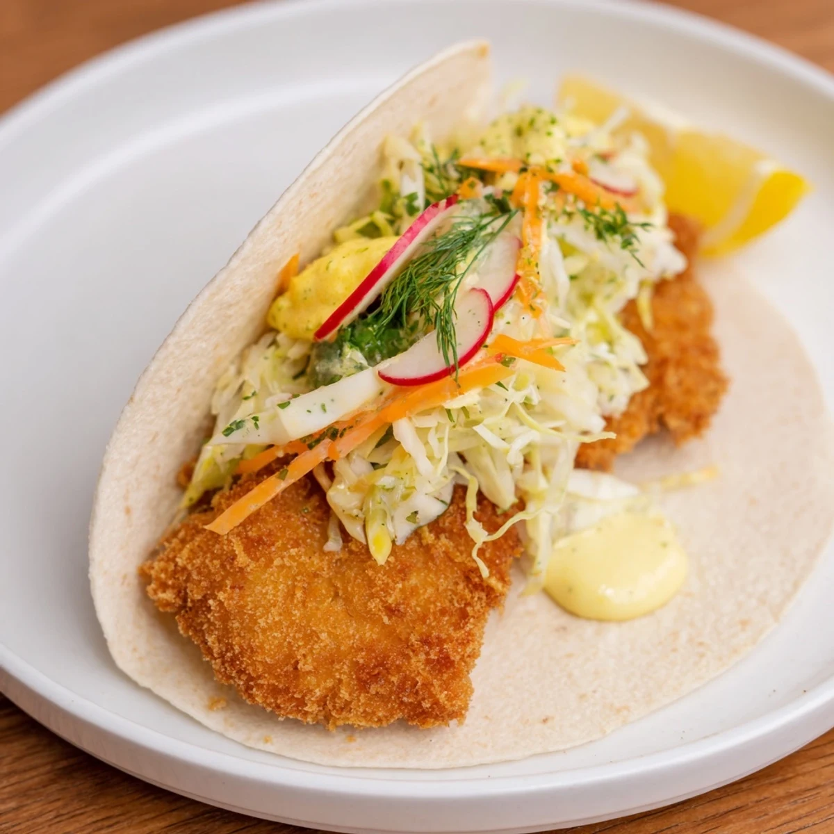 Crispy pork schnitzel tacos with vibrant slaw, a deliciously messy yet tempting fusion dish, ready to eat.
