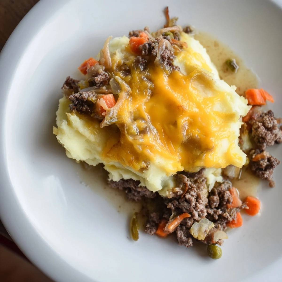 A close-up of Rustic German Shepherd's Pie, featuring a rich, browned topping and savory filling.