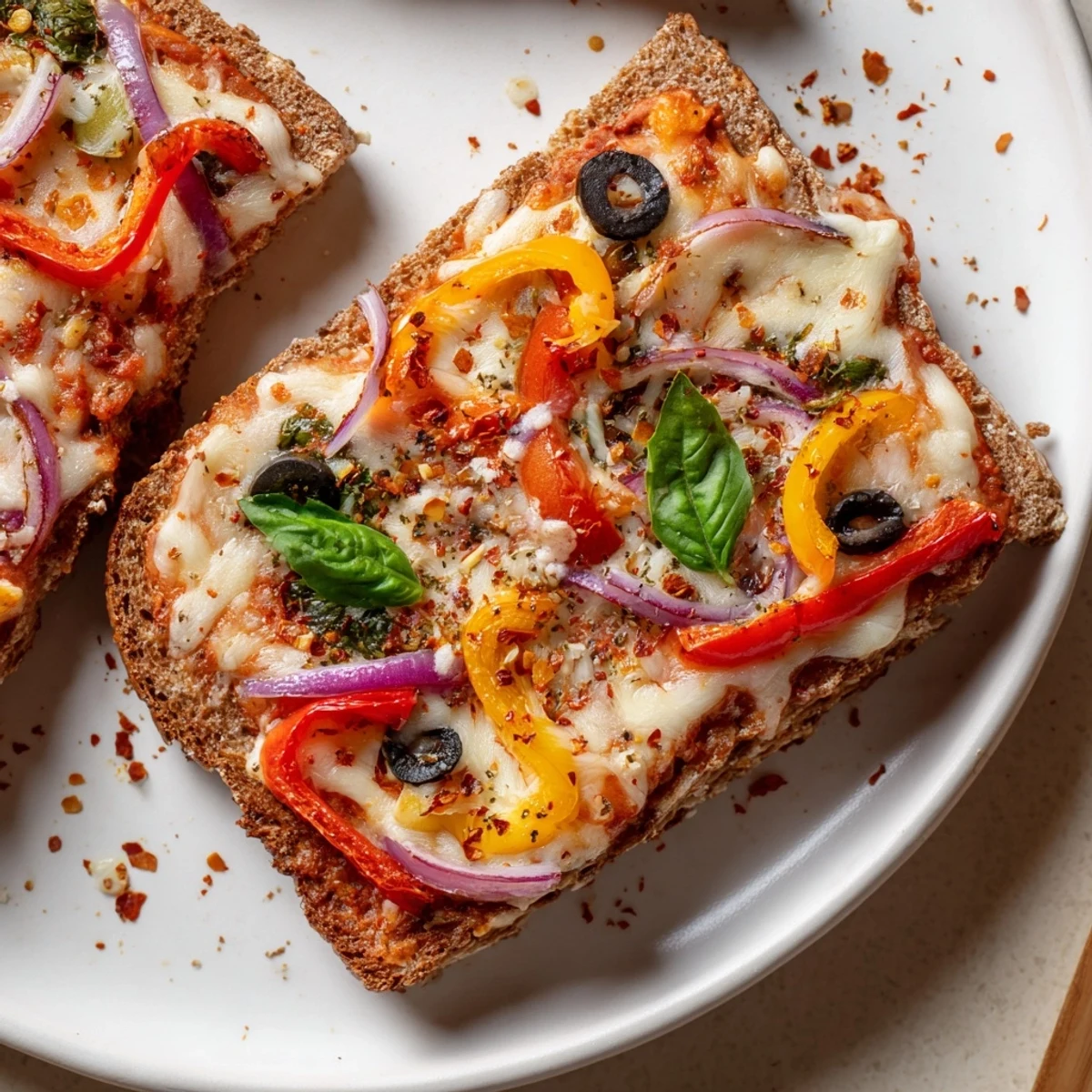 Warm, cheesy Marble Rye Pizza Toast: imagine the crispy rye bread supporting the flavorful toppings.