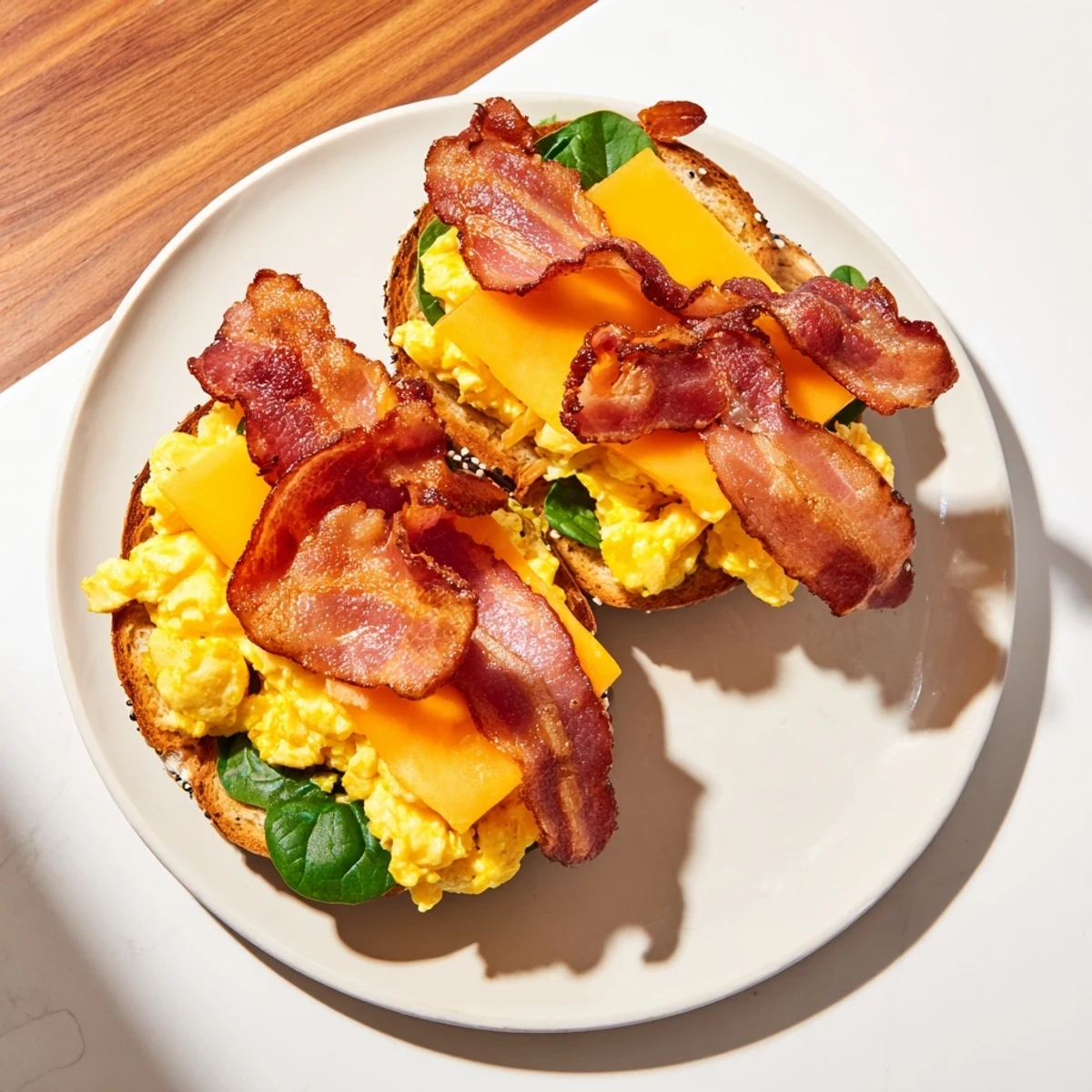Warm Pretzel Bagel Breakfast Sandwich with melted cheese and crispy bacon, ready to enjoy.