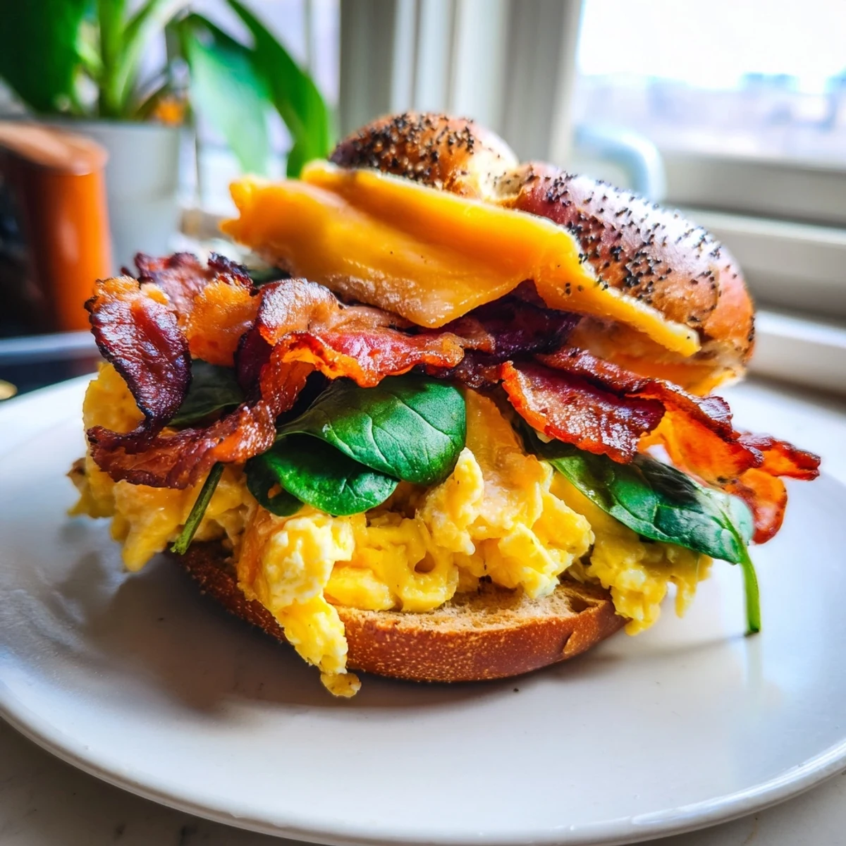 A delicious Pretzel Bagel Breakfast Sandwich, featuring fluffy eggs and savory bacon for breakfast.