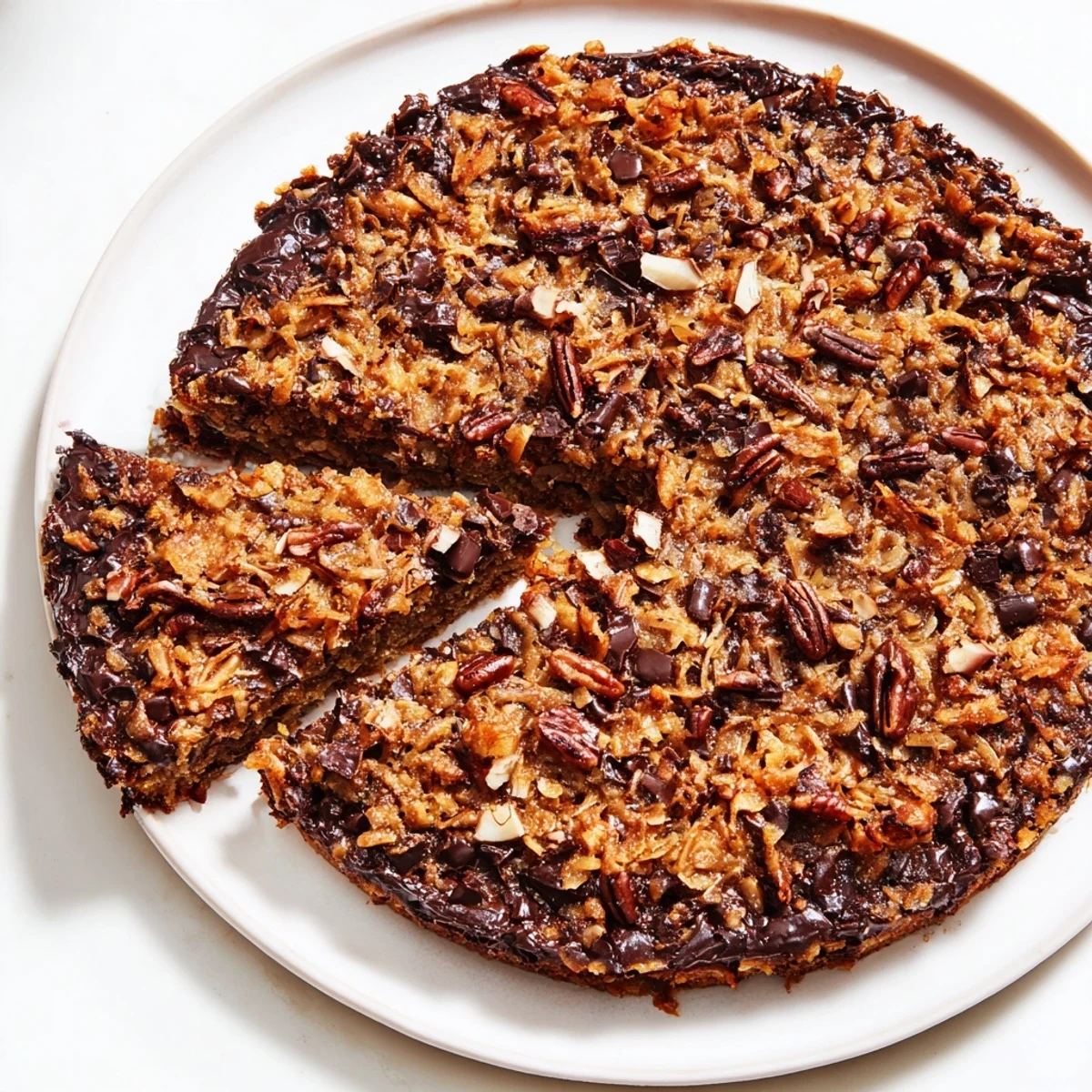 A decadent dessert: a freshly baked German Chocolate Skillet Cookie ready to be shared.