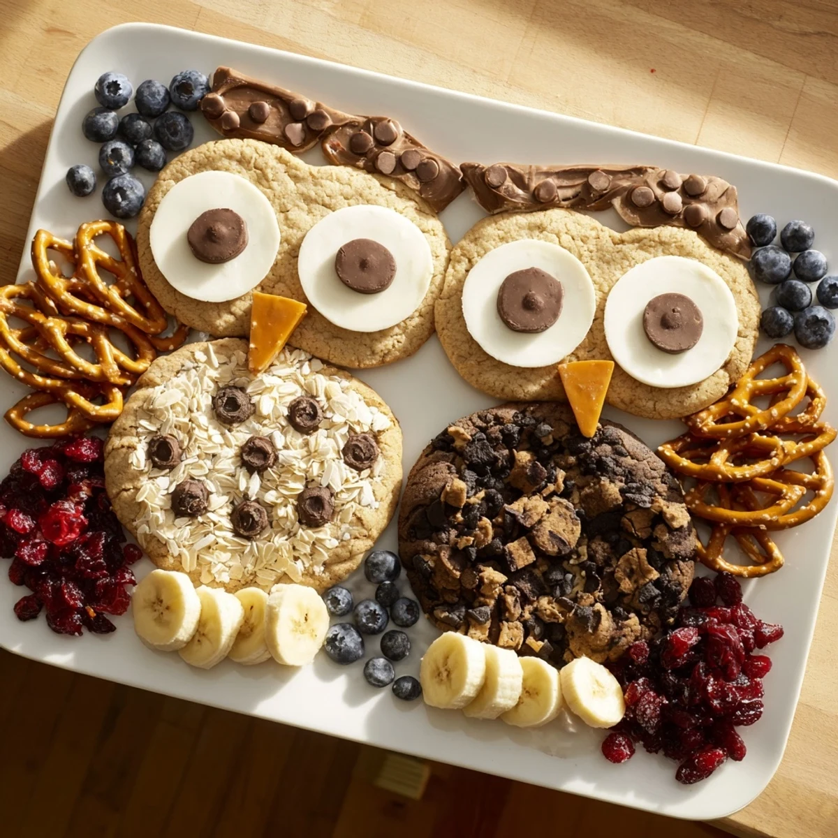 Owl Hooting Dessert Board: A creative dessert board showcases the owl shape with sweet treats and dipping sauces.