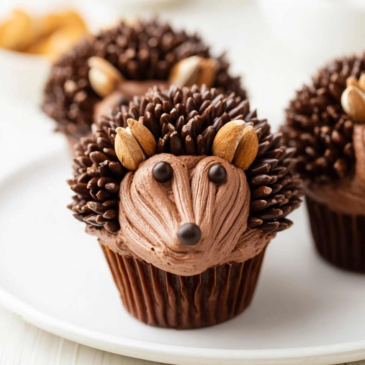 This festive Hedgehog Cupcake Tower displays chocolate cupcakes with delightful buttercream and almond spikes, ready to eat.