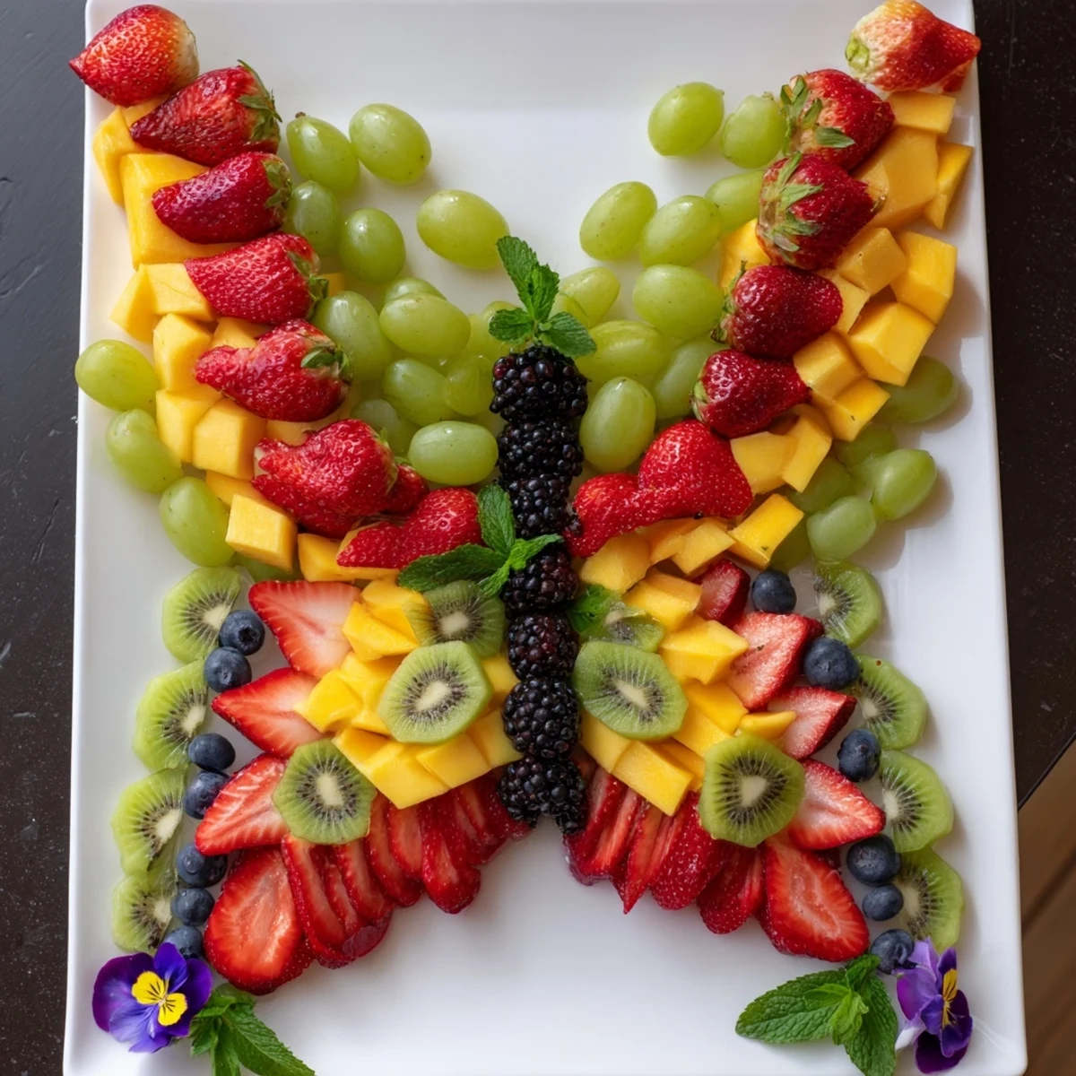 A vibrant Butterfly Bloom Fruit Board arrangement showcasing colorful fresh fruit, ideal for a party.