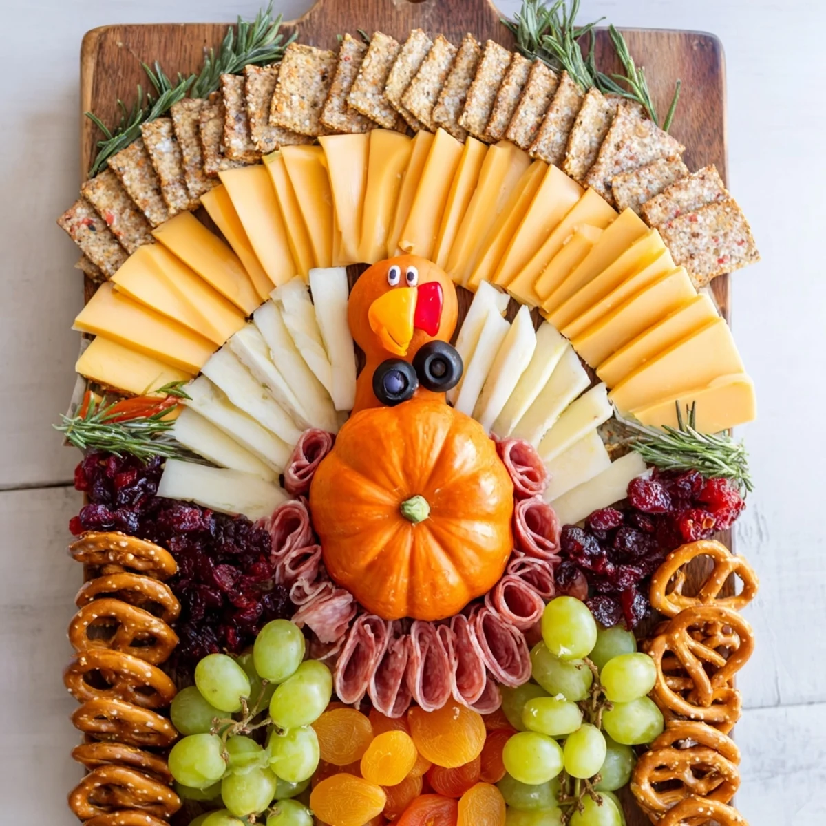 Festive Wheat Field Thanksgiving Turkey Board with rows of cheese and colorful fresh fruits.