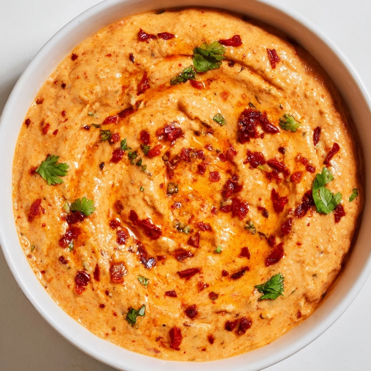 A vibrant, smoky Volcanic Lava Spicy Dip with a creamy texture, perfect for dipping vegetables.