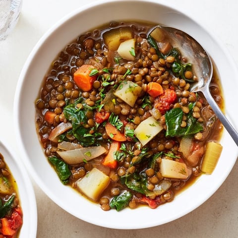 Herzhaftes One-Pot-Linsen-Eintopf mit buntem Gemüse und intensiven Gewürzen.