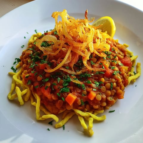 Savory Vegan German Dahl & Spätzle Bowl, showcasing aromatic lentils with golden spätzle and crispy onions.