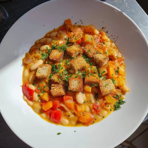 Hearty Rustic German Bean & Tomato Stew with rye croutons, showing a steaming bowl with fresh parsley.