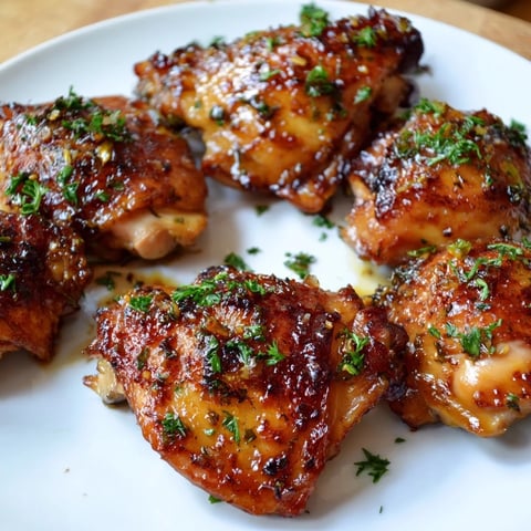 Golden Bavarian Sweet Mustard Chicken, glistening, ready to eat, served with fresh parsley and lemon wedges.