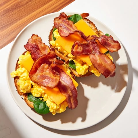 Warm Pretzel Bagel Breakfast Sandwich with melted cheese and crispy bacon, ready to enjoy.