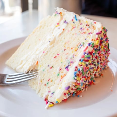 A celebratory Happy Birthday Cake slice with buttercream frosting and vibrant sprinkles.