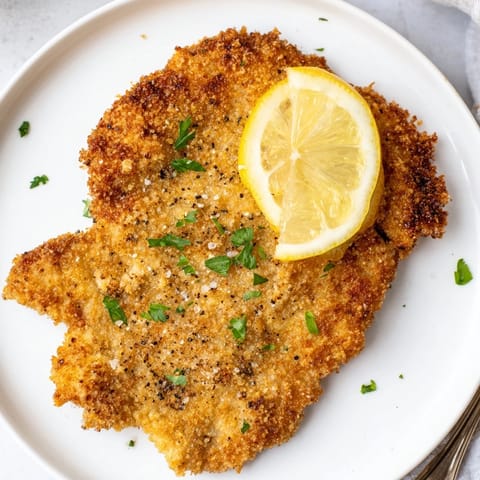 Knusprige Schweineschnitzel, perfekt gebraten und serviert mit frischen Zitronenscheiben.  