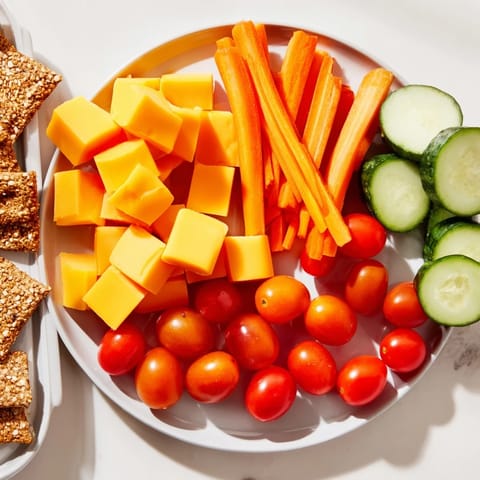 Fox & Friends snack tray arrangement featuring colorful vegetables, fruits, cheese, and dips, ready to serve.