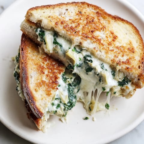 Ein knackiges Sauerteig-Sandwich mit geschmolzener Spinat-Artischocken-Füllung, serviert neben einer dampfenden Tomatensuppe.