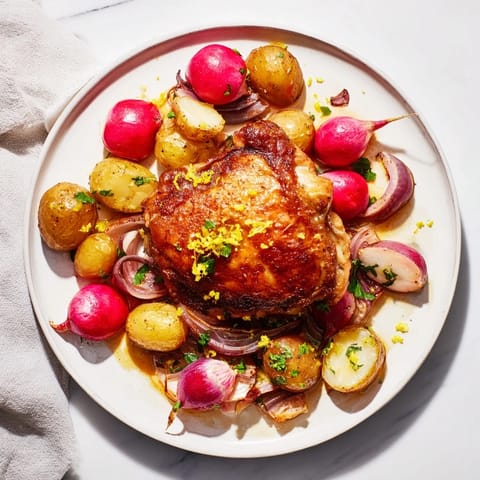 Gerostete Radieschen & Hähnchen aus dem Blech: Saftige Hähnchenschenkel mit knuspriger Haut, cremige Babykartoffeln und zarte, süß geröstete Radieschen auf einem Blech.
