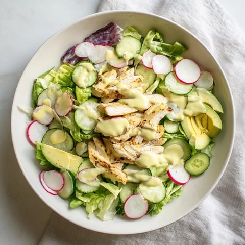 A hearty slice of Spring Detox Chicken Salad, showing mixed greens, cucumber, and grilled chicken with lemon vinaigrette.