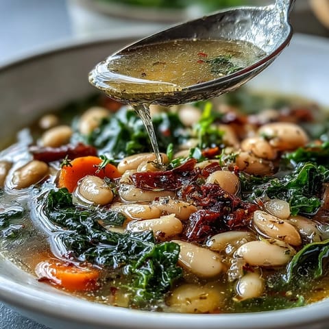 Gekochte **Mediterrane Weiße Bohnen-Eintopf** mit bunter Paprika und frischen Karotten in einer aromatischen Kräutesuppe.  