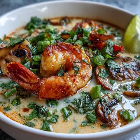 Spicy Thai Coconut Shrimp Soup garnished with cilantro, green onions, and fresh lime wedges.
