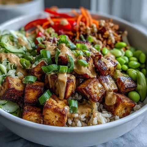 A vibrant Peanut Tofu Power Bowl with edamame, carrots, and quinoa, drizzled with rich peanut sauce.