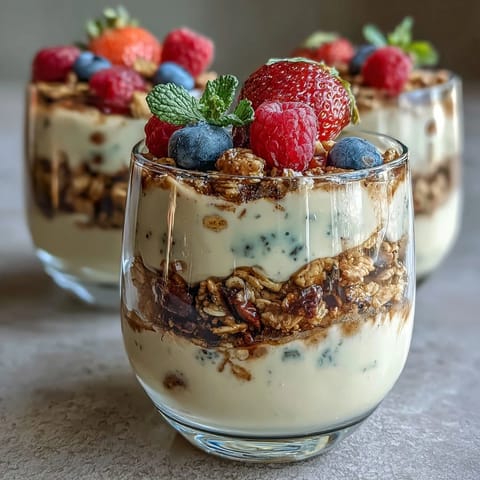 Leckere Hojicha Panna Cotta Parfait Schichtung mit Vanillecreme und roten Himbeeren.