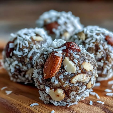 Frisch gerollte Hojicha Energy Balls mit Nüssen und Datteln für einen energiereichen Imbiss.