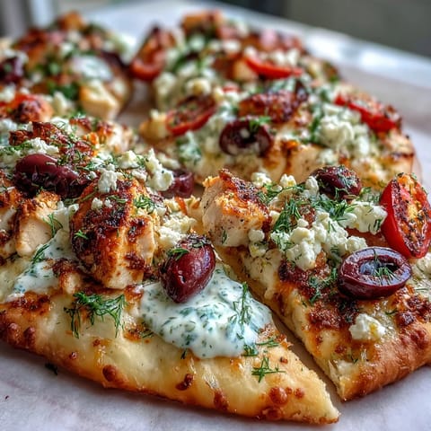 Eine belegte Naan-Pizza mit Hähnchen, Feta, Oliven und Cherrytomaten, serviert mit Tzatziki und frischem Dill.