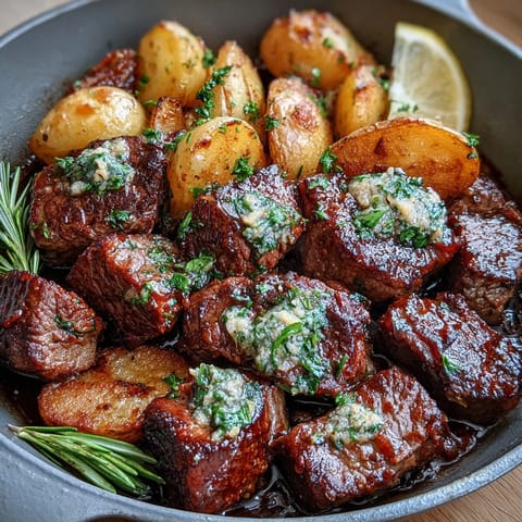 Goldene, knusprige Kartoffelstücke und zarte Steak Bites aus der Pfanne mit Kräuterbutter.