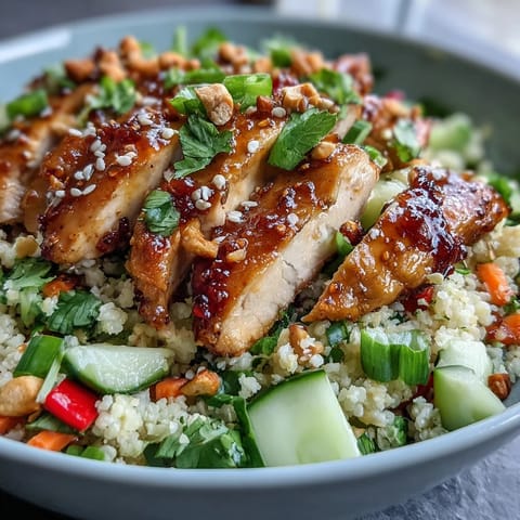 Sesame Ginger Chicken Couscous Bowls topped with fresh herbs and drizzled dressing.