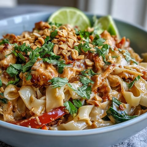 Gehackte Erdnüsse und Limetten auf Cremige Thai-inspirierte Erdnudel-Nudelschüsseln für frische Noten.