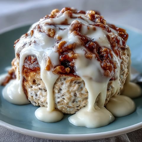 High-Protein Cinnamon Roll Overnight Oats topped with a creamy drizzle in a glass jar, served with a sprinkle of cinnamon for breakfast.