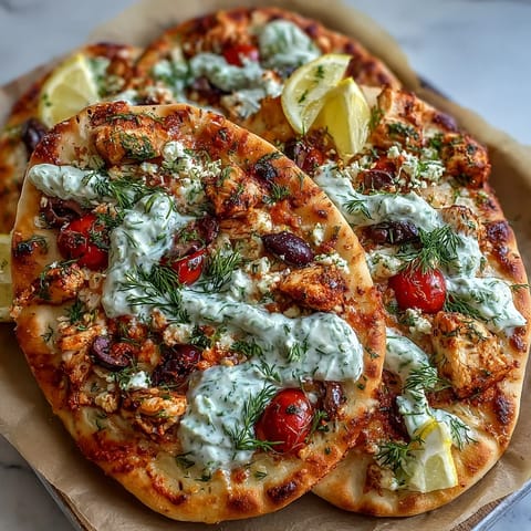 Leckere Lemon Feta Chicken Naan Pizza mit saftigem Zitronen-Hähnchen, cremigem Feta und Kalamata-Oliven auf knusprigem Naan, übergossen mit Tzatziki und frischem Dill.