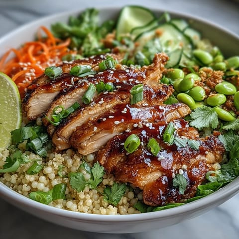 Bunte Schüssel mit Sesame Ginger Chicken Couscous Bowls: frische Edamame, grüne Zwiebeln und Koriander, serviert mit Limettenkeilen für den frischen Kick.