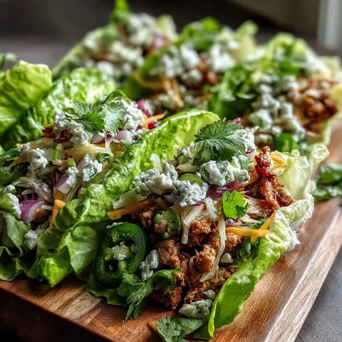 Lean ground turkey and fresh mango slaw piled into lettuce wraps for a low-carb, gluten-free Skinny Spicy Turkey Lettuce Tacos with Mango Slaw meal.