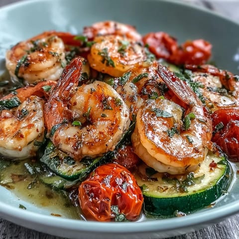 One-Pan Lemon Butter Shrimp with Zucchini and Tomatoes roasted in a sizzling skillet with fresh parsley garnish.