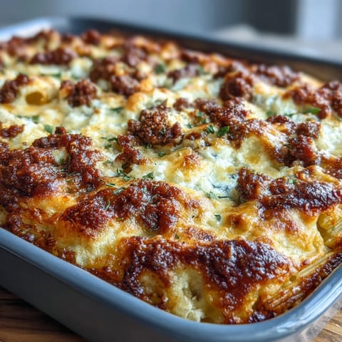 Köstlicher Cottage Cheese Protein Pasta Bake mit Hackfleisch in einer cremigen Käsesauce, goldbraun gebacken mit geschmolzenem Mozzarella und Parmesan.  