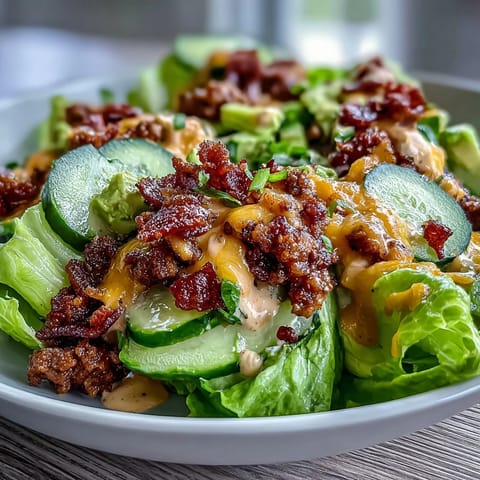 Keto-Bacon-Käseburger-Salat mit Avocado und Gurken in einer Schüssel, mit saftigem Rindfleisch, knusprigem Speck und cremiger Avocado belegt.