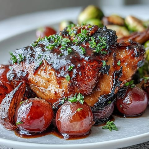 Bunter Blechpfannengericht mit Balsamico-Hähnchen, karamellisierten Rosenkohl und gerösteten Trauben.  