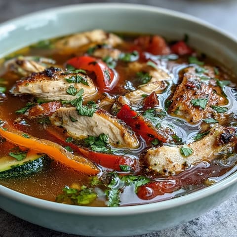 Leichte Ein-Topf-Hähnchen-Fajitasuppe mit Zucchini und Paprika in einem Topf, gefüllt mit zartem Hähnchen, bunten Paprika und aromatischen Fajita-Gewürzen.  