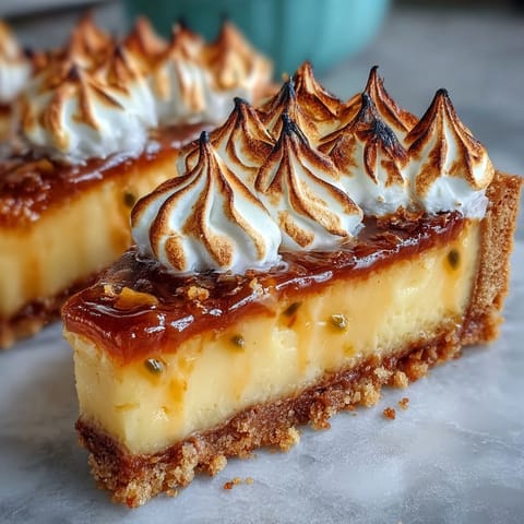 Verlockende Passionsfrucht-Tarte mit säuerlicher, samtiger Creme in goldener Teigkruste und zarter Baiserhaube. Perfekt für festliche Menüs.  