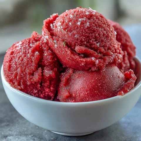 Strawberry-Daiquiri-Sorbet mit Limettenabrieb in einem Glas, mit frischen Erdbeeren und Minzblättern garniert.