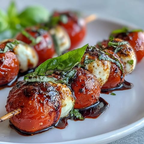 1. **Frische Caprese-Spieße mit Balsamico-Drizzle: saftige Cherrytomaten, cremiger Mozzarella und duftendes Basilikum, perfekt für Picknicks.**  