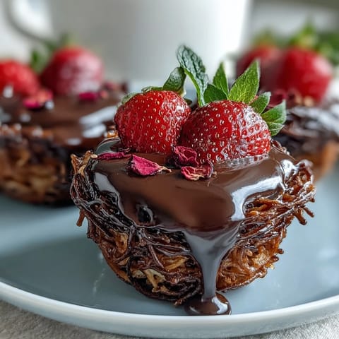 Dubai-Style Strawberry Cups mit Kataifi und dunkler Schokolade: goldene knusprige Kataifi-Nester gefüllt mit saftigen Erdbeeren und glänzender Schokoladenganache.